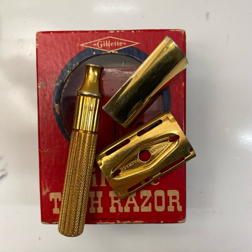 Vintage 3 piece Gold Gillette Fat Handle Tech and original Box - Picture 6 of 13